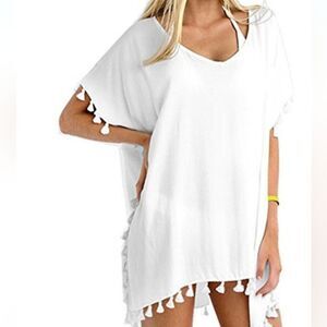 🦋YINKRA White Chiffon Slip on SWIMWUIT COVER-UP round neckline tassles size 8